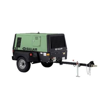 A green and black air compressor on a trailer on a white background.