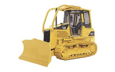 A yellow bulldozer is on a white background.