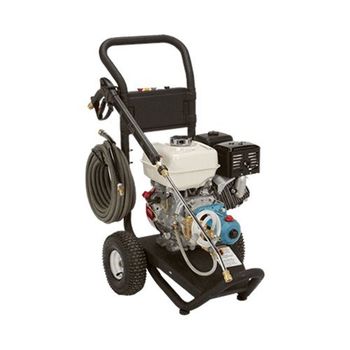 A gas powered pressure washer with a hose attached to it.