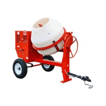 A red and white concrete mixer on a white background