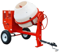 A red and white concrete mixer on a white background