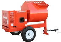 A red concrete mixer on a trailer on a white background.