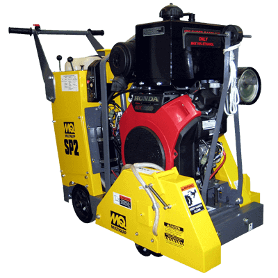 A yellow concrete saw with a honda engine