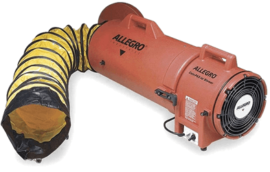 A red allegro fan with a yellow hose attached to it