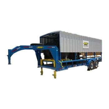 A blue trailer with a gray container attached to it on a white background.