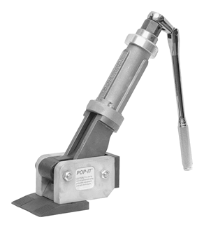 A close up of a tool with a handle on a white background.