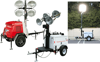 Two trailers with lights attached to them are sitting next to each other in a parking lot.