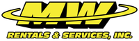 Logo for MW Rentals & Services, Inc., yellow letters, black shadow and outline, curved lines above letters, black text at bottom.