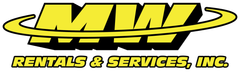 Logo for MW Rentals & Services, Inc., yellow letters, black shadow and outline, curved lines above letters, black text at bottom.