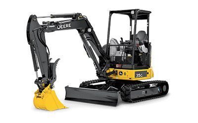 A small excavator with a yellow bucket on a white background.