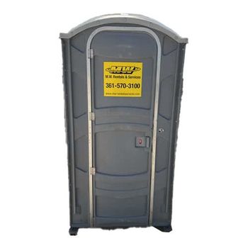 A black portable toilet with a yellow sign on the door.