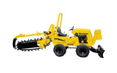 A yellow tractor with a trencher attached to it on a white background.