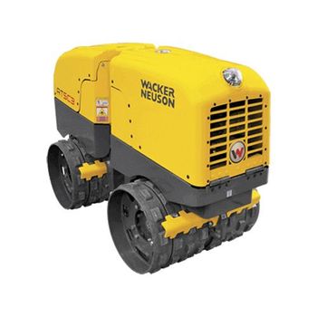 A yellow and black wacker neuson roller on a white background.