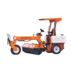 A tractor with a broom attached to it on a white background.