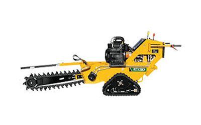 A yellow tractor with a chainsaw attached to it on a white background.