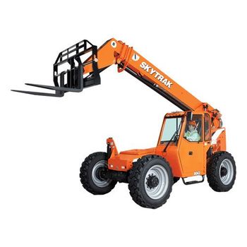 An orange forklift with a forklift attached to it on a white background.
