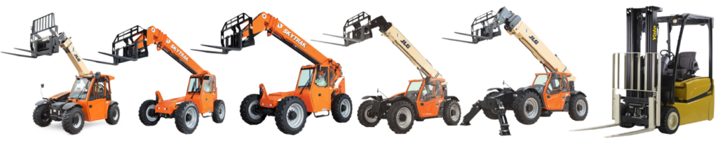 A row of construction vehicles are moving in a row on a white background.