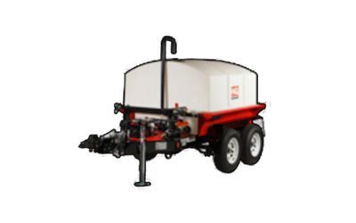 A red and white trailer with a hose attached to it.