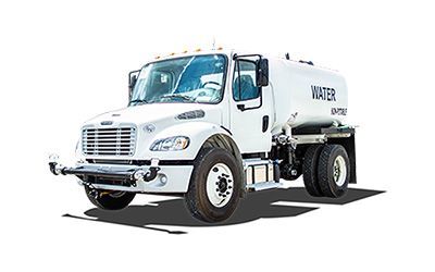 A white water truck is parked on a white background.