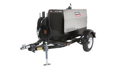 A welding machine is on a trailer on a white background.