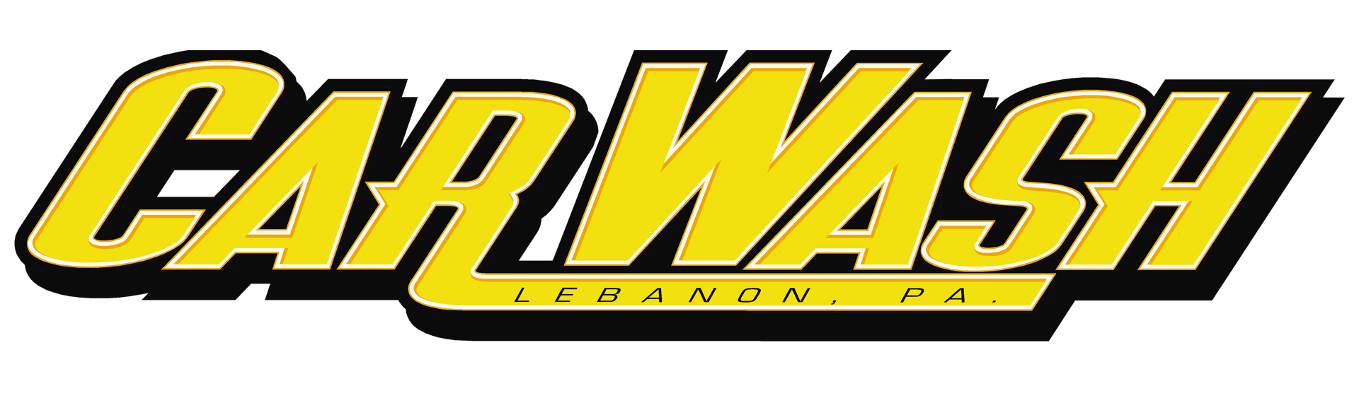 Yellow and black “CARWASH” logo with italic lettering and a small tagline underneath