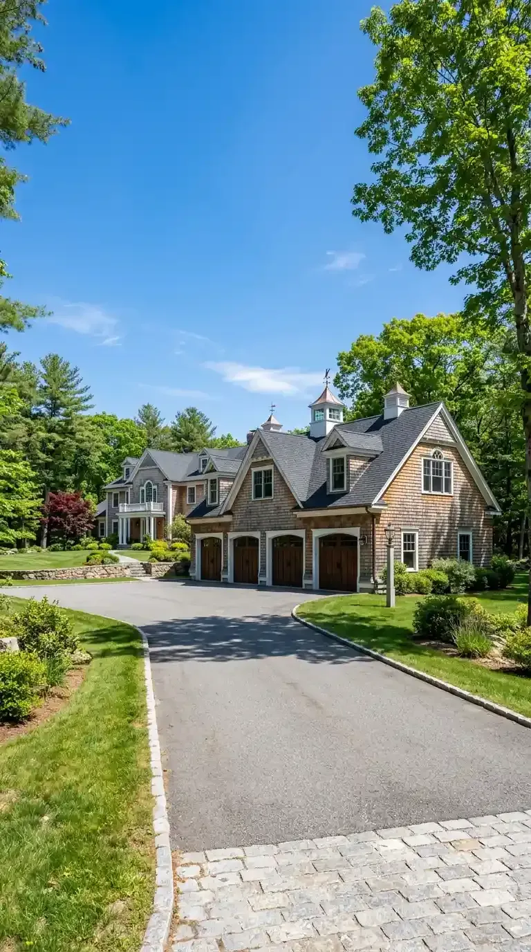 Large stone house with gabled roof and garage, reached by a curved driveway in a green, sunny yard
