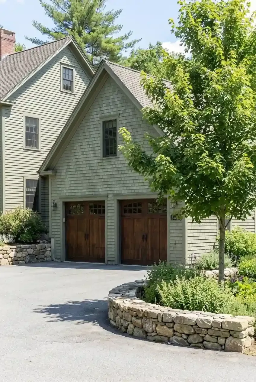 Stone-and-siding house with two wooden garage doors, curved driveway, and a tree in front