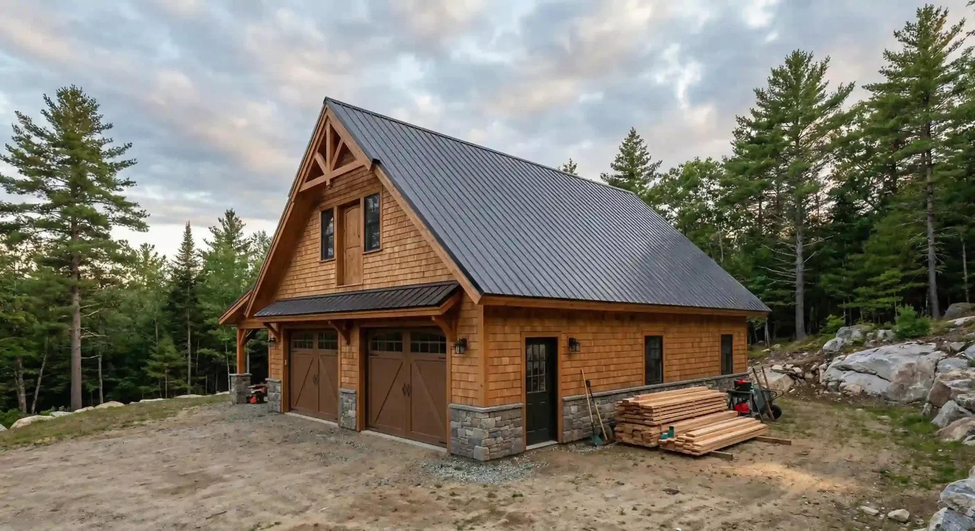 Wooden cabin with a steep metal roof in a forest clearing, with stacked lumber and rocky ground nearby