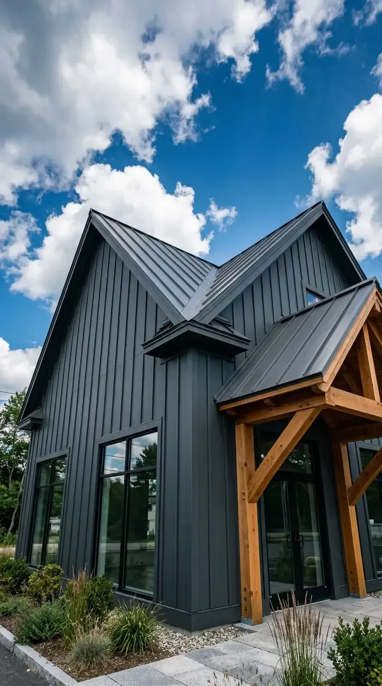 Modern dark-gray cabin with steep metal roof and wood-framed entry under a cloudy blue sky
