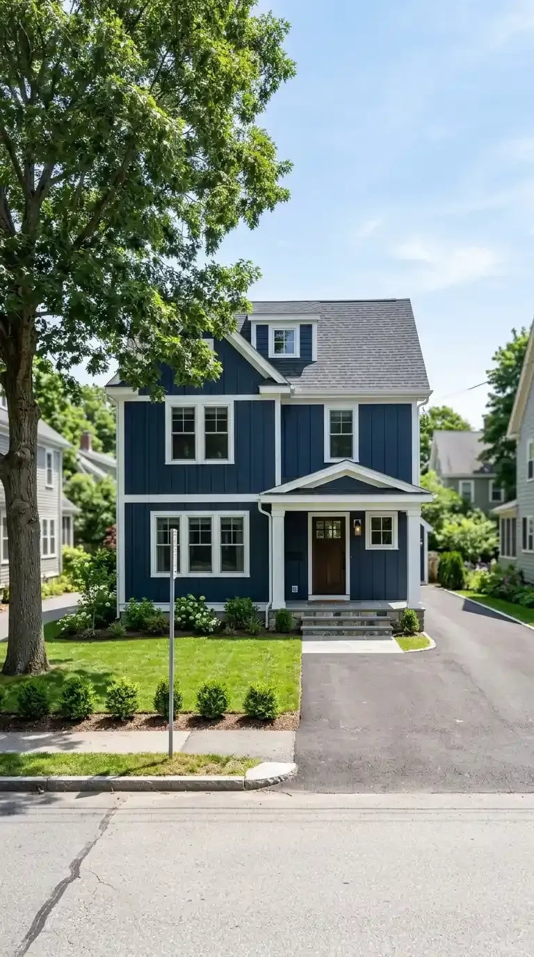 Blue two-story house with white trim, front porch, and driveway on a tree-lined street