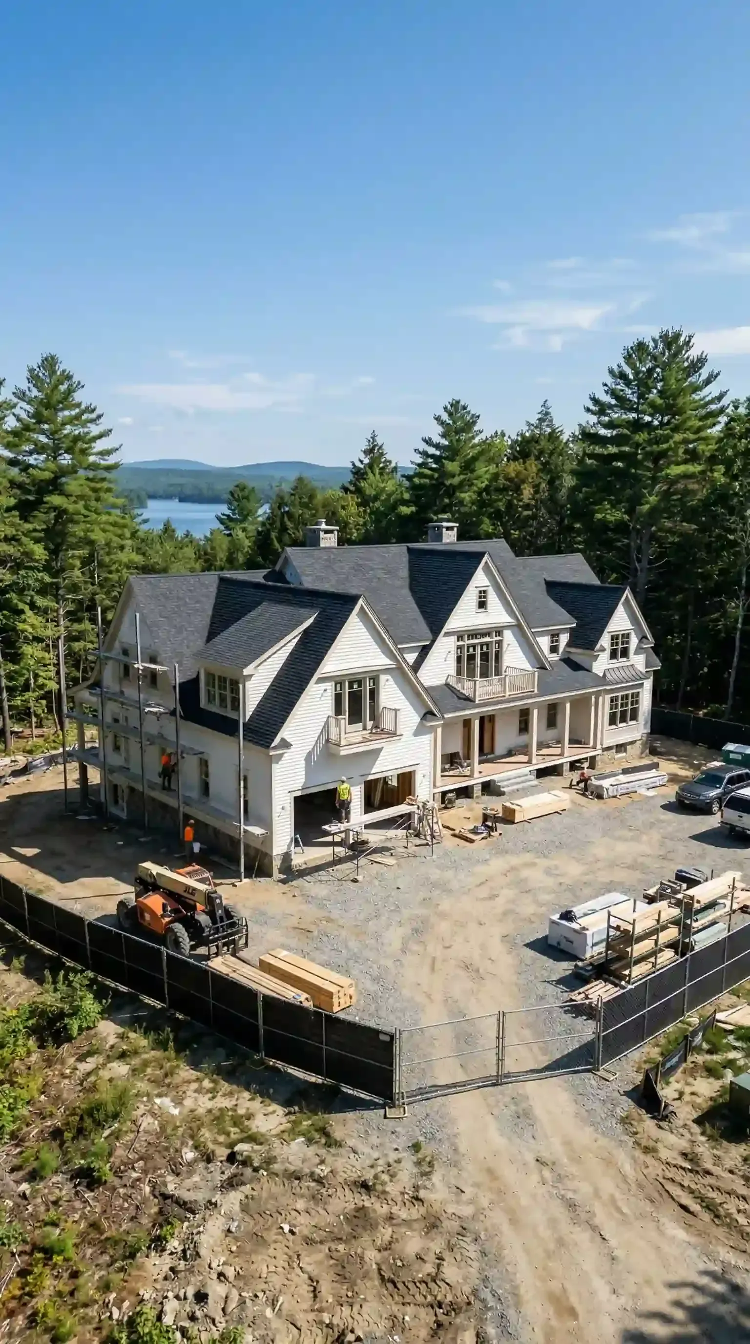 Large house under construction on a wooded hillside, with a dirt driveway and mountains in the background