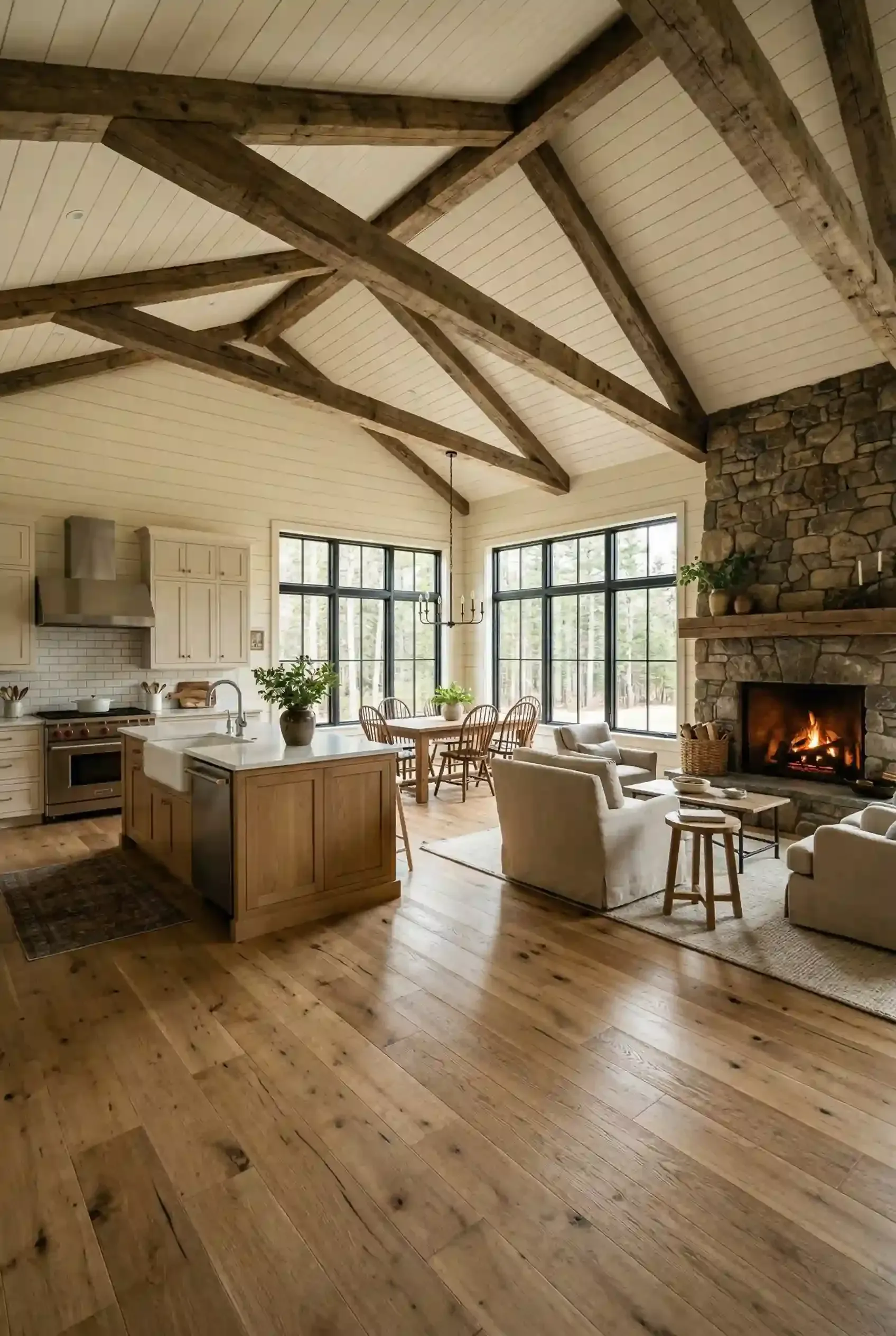 Rustic open-plan living room with exposed beams, large windows, wood floors, fireplace, and cozy seating