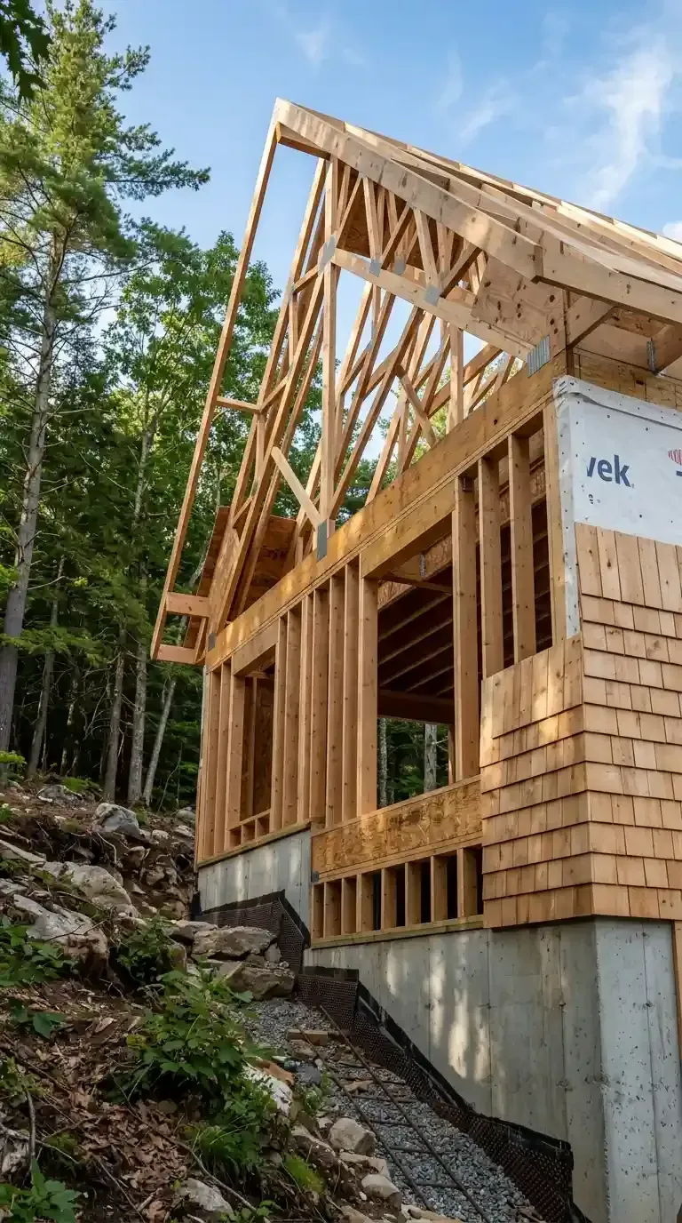 Partially built wooden house with exposed framing on a concrete foundation in a forested area