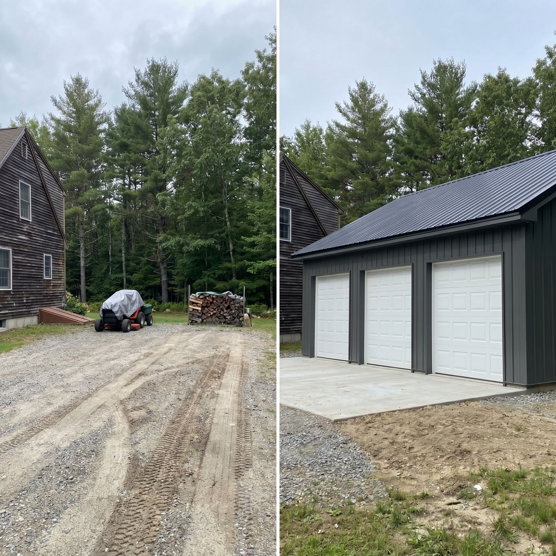 Before and after garage build Buxton ME