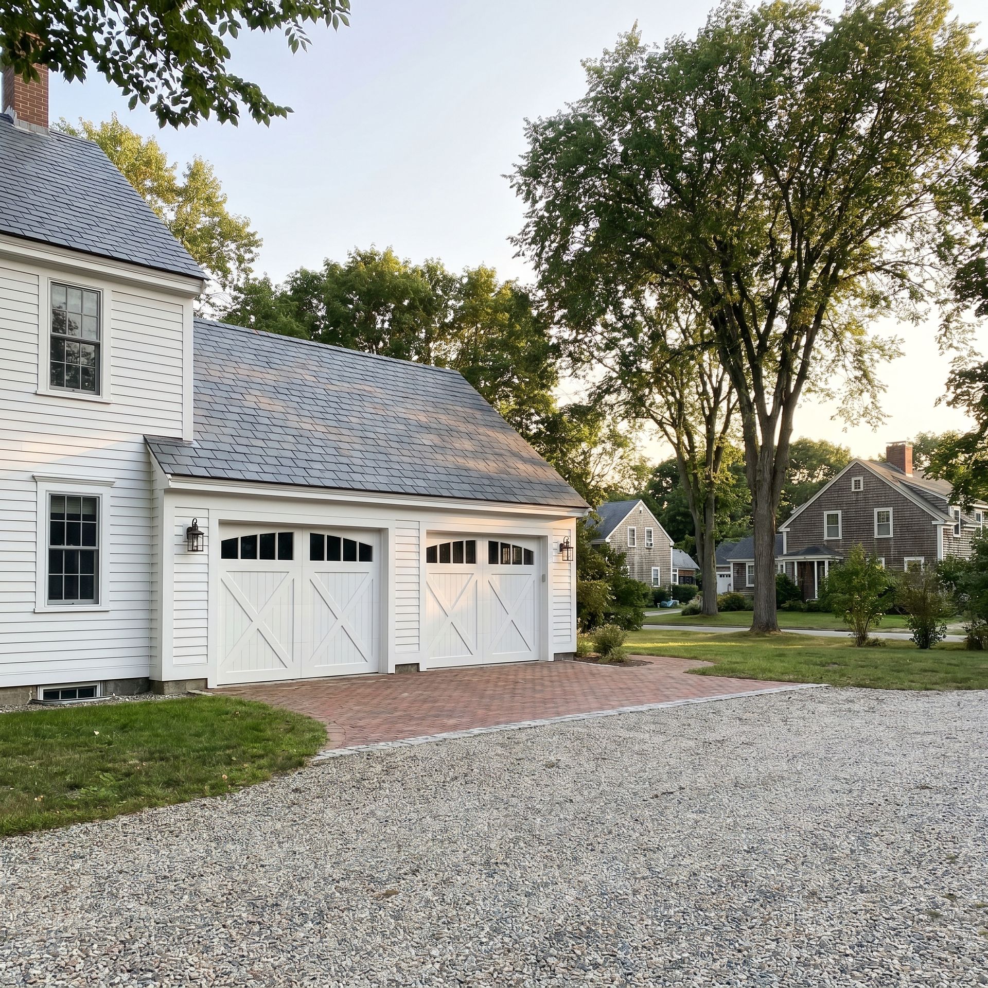 Finished garage matching historic home Kennebunk ME Legacy Construction