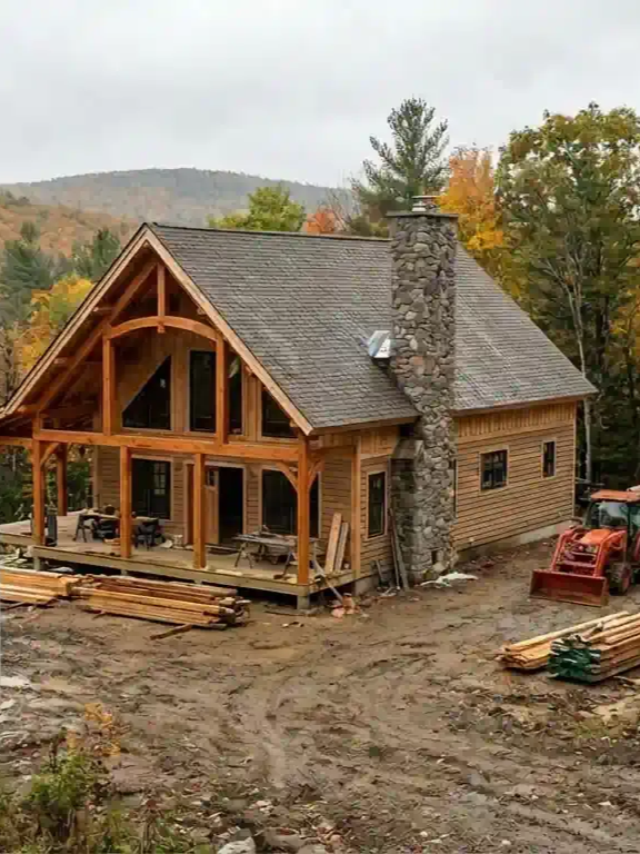 Rustic cabin under construction with timber frame, stone chimney, and autumn trees in the background