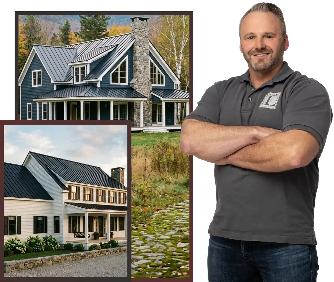 Smiling carpenter with house and interior remodeling examples.