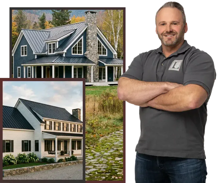 Smiling carpenter with tools; house exterior and garage under construction.