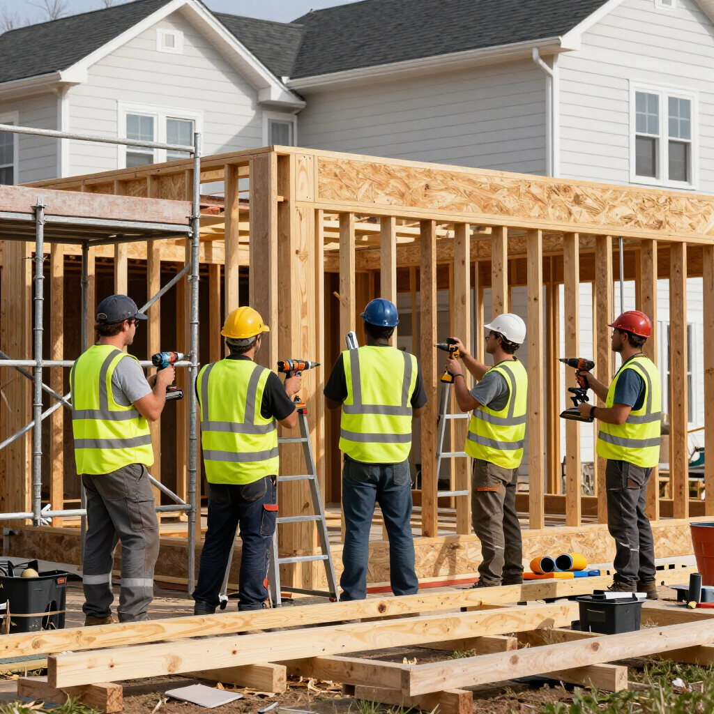 Construction crew in safety vests and hard hats framing a house under construction