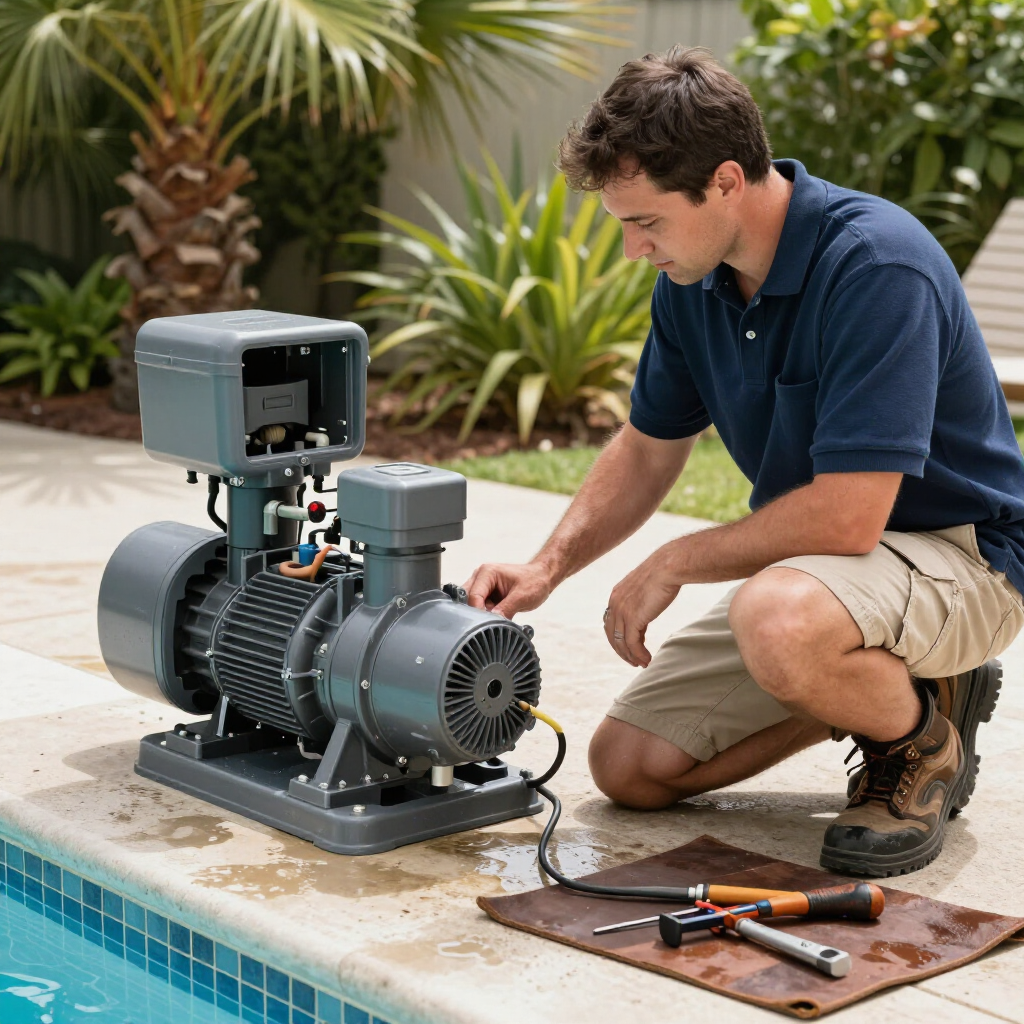 Technician kneeling beside a gray motor pump system outdoors, checking wiring with tools nearby
