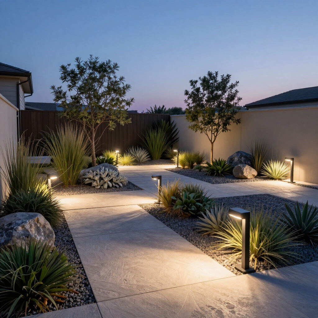 Modern landscaped courtyard at dusk with lit pathway, shrubs, trees, and stone accents