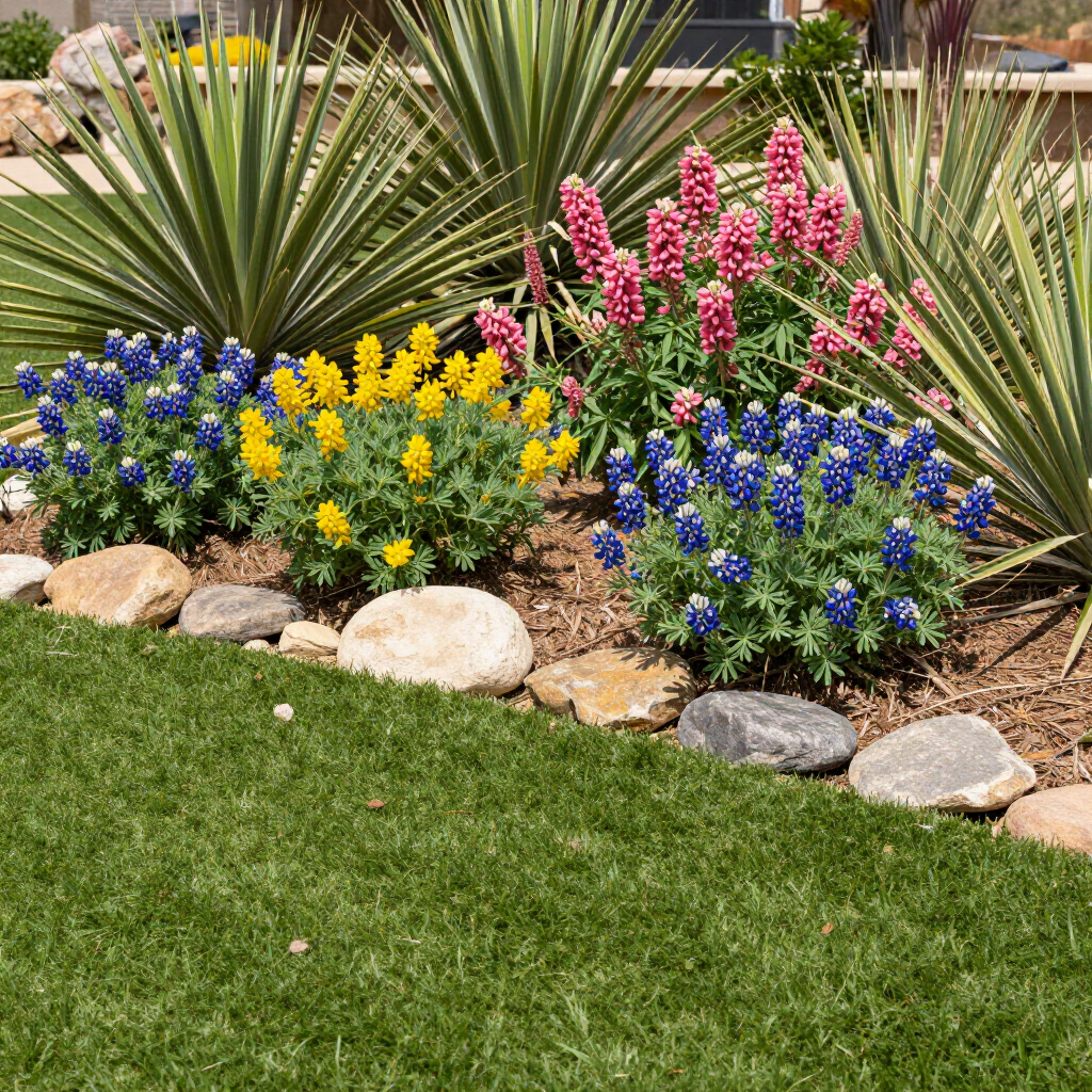 Colorful desert garden bed with blue, yellow, and pink flowers, spiky plants, rocks, and green lawn
