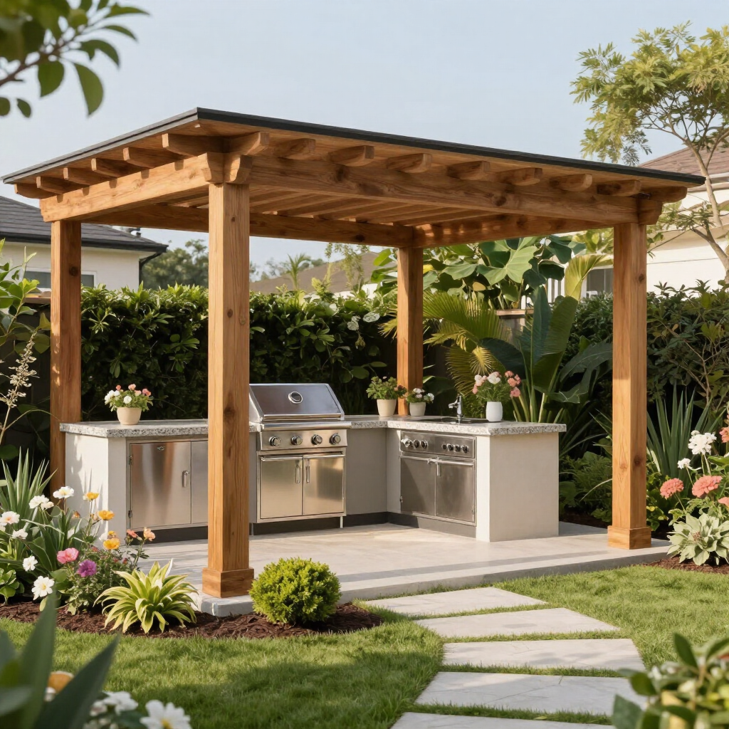 Wooden pergola outdoor kitchen with stainless steel grill, surrounded by a landscaped garden and stone path