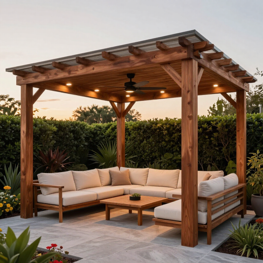 Wooden pergola with beige outdoor seating, ceiling fan, and warm lights in a landscaped patio at sunset