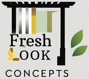 Fresh Look Concepts logo with black pergola, green leaves, and black text on white background