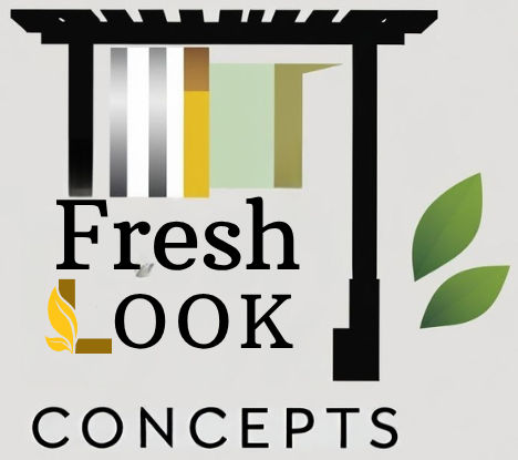 Fresh Look Concepts logo with black pergola, green leaves, and black text on white background