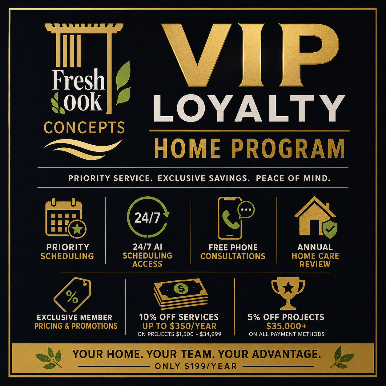 Fresh OOK Concepts VIP loyalty home program flyer in black and gold with service icons and discounts
