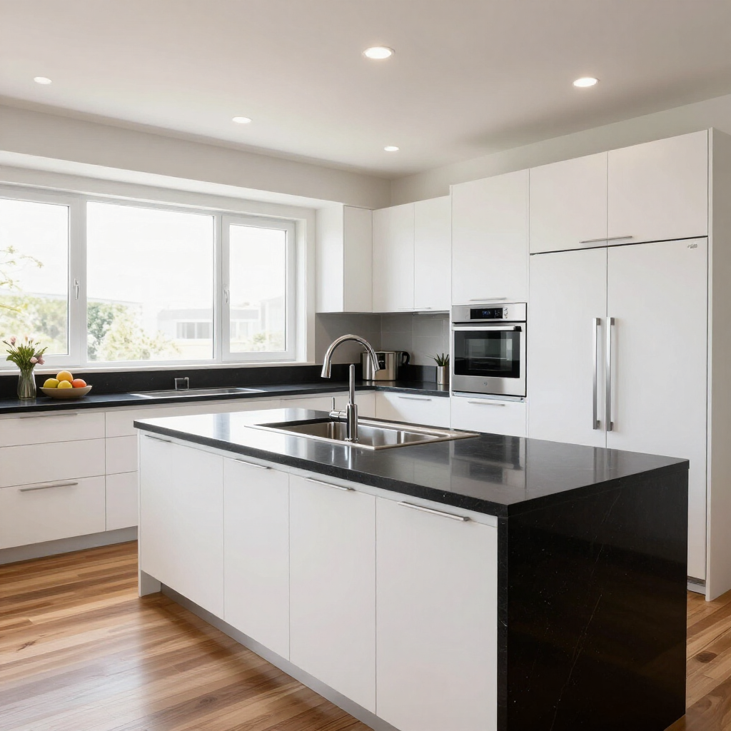 Modern white kitchen with black countertops, island, stainless steel appliances, and large window