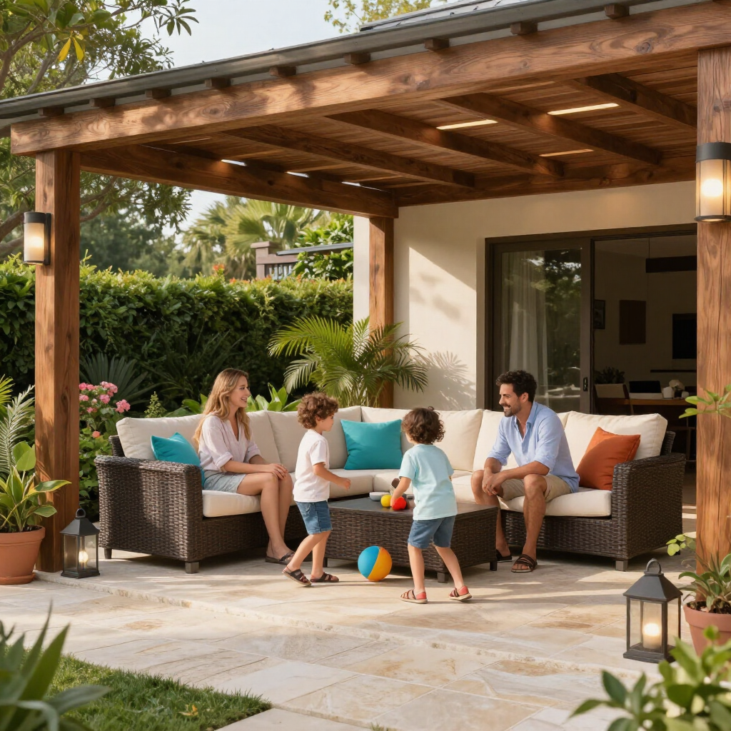 Family relaxing on a patio under a wooden pergola, with children playing near an outdoor sofa.