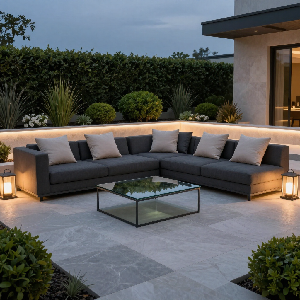 Modern outdoor patio with a gray sectional sofa, glass coffee table, and warm lantern lighting at dusk